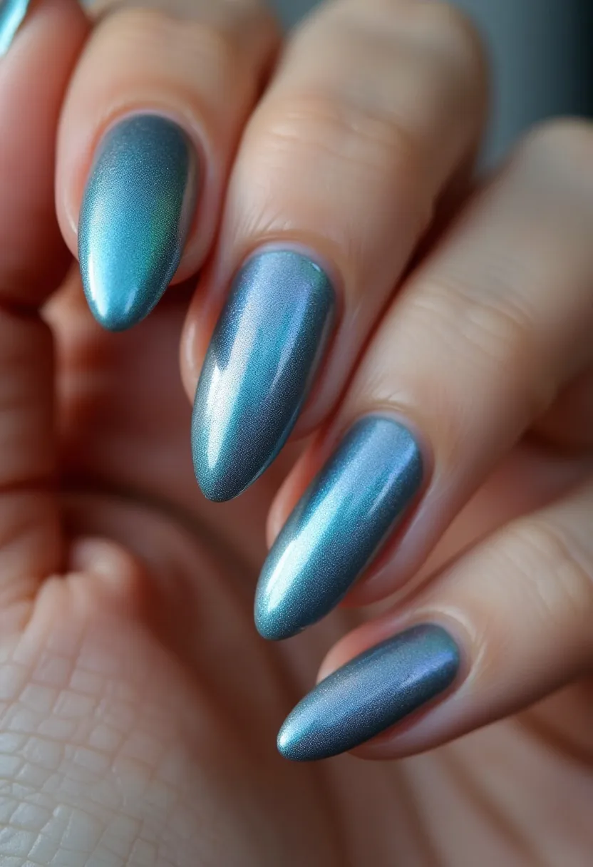 This nail design features elongated almond-shaped nails with a stunning iridescent color palette that shifts between hues of blue, green, and purple. The nails have a smooth, glossy finish that suggests they are likely done with a gel polish, known for its shine and long-lasting durability. No intricate patterns or decorations are present, allowing the beautiful, shimmering color to be the focal point. The metallic, reflective quality of the polish gives them a modern yet elegant look, making them suitable for a variety of occasions, from casual outings to more formal events. The color palette and finish make this design particularly fitting for a winter or festive season, adding a touch of sophistication and glamour.