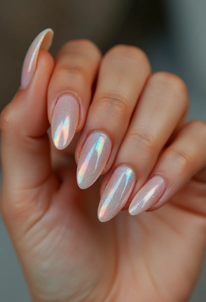 The nail design features an elegant, iridescent color palette with a subtle shimmer that shifts between soft pink and hints of rainbow hues. The nails are long and almond-shaped, showcasing a well-defined, slightly pointed tip. The finish appears glossy, suggesting the use of gel polish, which enhances the luminous effect. The uniform color and shimmer across all nails present a sophisticated and cohesive look, making it suitable for special occasions such as weddings or festive celebrations. The delicate iridescence adds a touch of glamour, reflecting light beautifully and giving the nails a dreamy, ethereal quality.