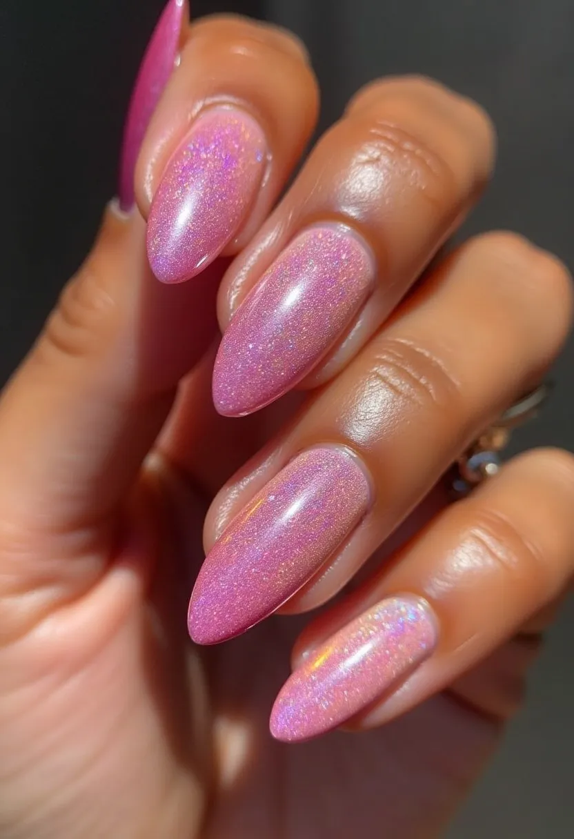 The nail design features a stunning iridescent pink color palette with shimmering holographic effects, creating a beautiful, eye-catching finish. The nails are shaped in a pointed almond style, giving a sleek and elegant look. The use of gel polish is evident from the glossy and smooth texture that enhances the sparkling effect of the nails. This design is perfect for special occasions or festive celebrations, adding a touch of glamor and sophistication. The intricate sparkle and gradient tones within the pink hue make these nails a standout accessory for any outfit or event.