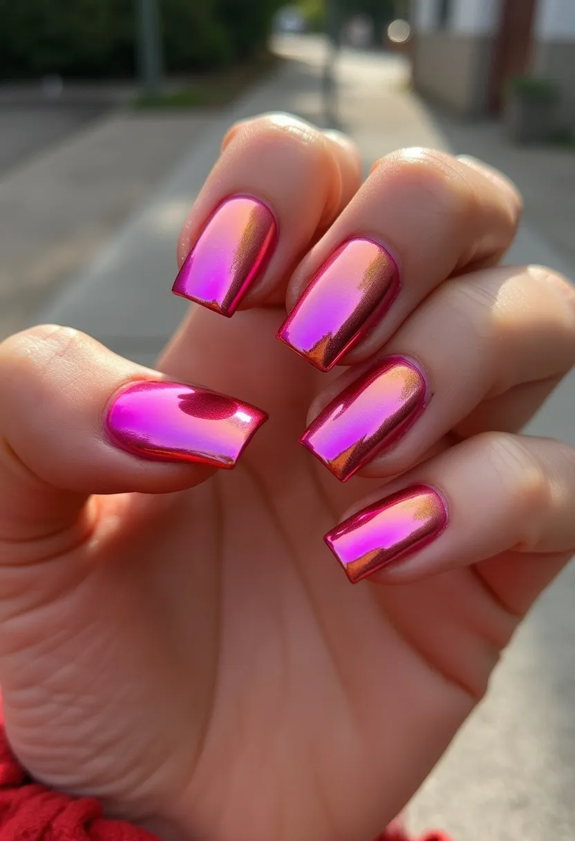 The nail design features a stunning chrome finish with an iridescent color palette that shifts between vibrant shades of pink, gold, and orange. The nails are medium length with a square shape, emphasizing clean and sharp edges. This look appears to be achieved through a gel or shellac treatment, giving the nails a glossy and smooth texture. The reflective quality of the design creates a mirror-like effect, making it particularly eye-catching and suitable for festive or celebratory occasions. The overall appearance is modern and chic, ideal for making a bold fashion statement.