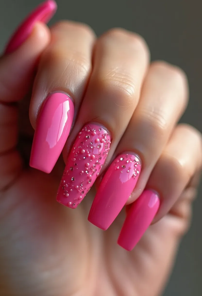 The nail design features an eye-catching palette dominated by a vibrant pink color, applied in a glossy finish. The nails are shaped in a long, coffin style, adding a modern and sleek look. The standout feature of this design is the intricate decoration on the ring finger nails, which boast a textured array of small pearls and rhinestones, creating a sparkling and 3D effect. This detailed nail art suggests that the manicure might be created using gel polish due to the high-shine finish and the stability required to hold the decorations in place. Overall, the design is glamorous, making it suitable for special occasions or festive seasons.