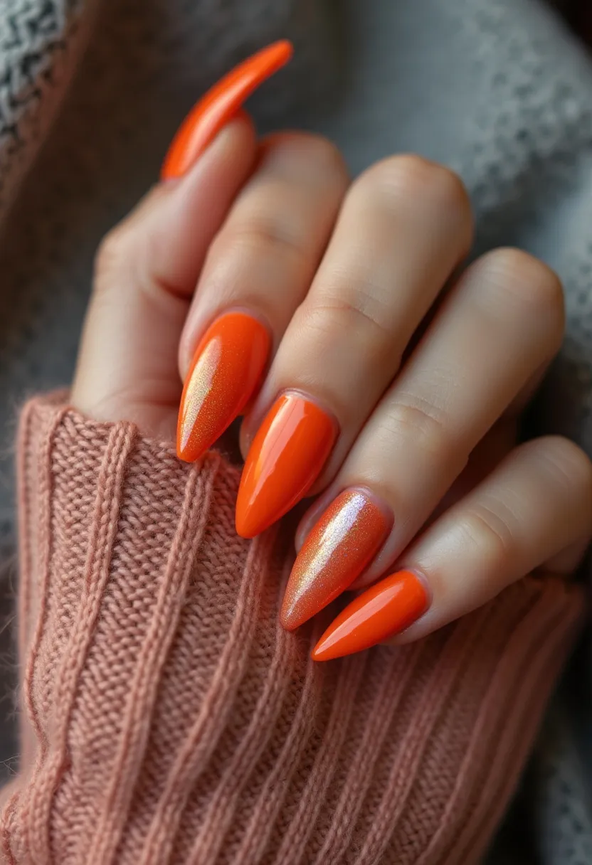 The nail design features a striking shade of bright orange, showcasing a bold and vibrant color palette. The nails are sculpted into stiletto shapes, providing a dramatic and stylish appearance. Some nails include a shimmery, iridescent coating that adds depth and a touch of elegance to the overall look. The nails appear to be done using gel treatment, offering a glossy and durable finish. This design is versatile, suitable for a seasonal theme like Halloween or autumn, or for special occasions where a pop of color is desired. The combination of plain and shimmery nails creates a balanced yet eye-catching effect.