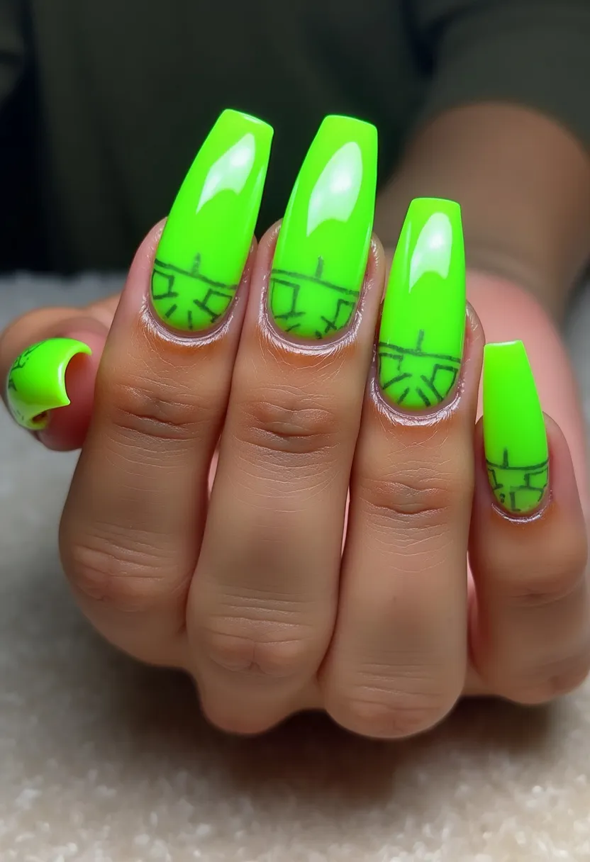 The nail design features a vivid neon green color palette that is striking and bold. The nails are shaped in a long coffin style, which is both elegant and trendy. The design includes intricate black geometric patterns near the cuticles, adding a modern and edgy flair. The nails appear to be treated with a gel or acrylic application, offering a glossy and durable finish. This design's bright and vibrant tones, coupled with the geometric details, suggest a playful and fashionable look, suitable for summer or festive celebrations where vibrant and eye-catching designs are desired.