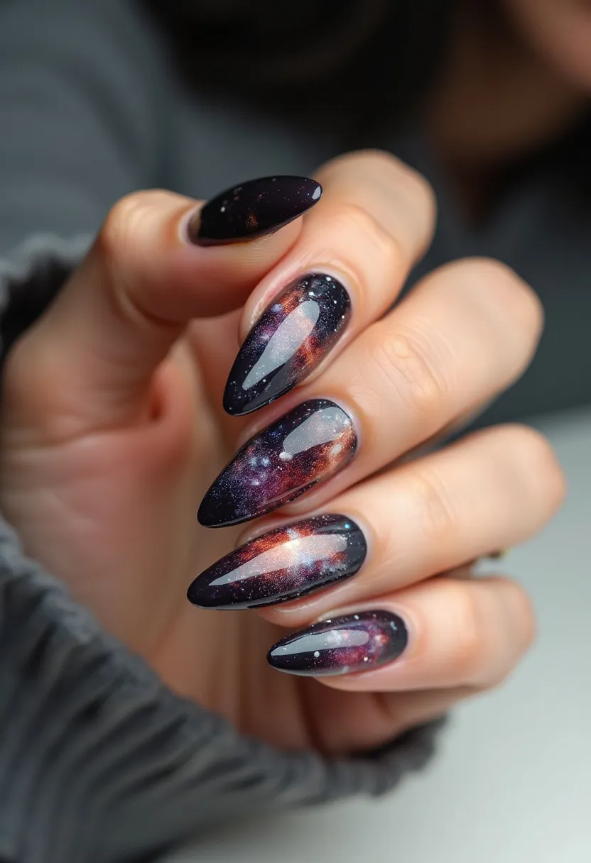 The nail design features a captivating galaxy theme with a rich color palette dominated by dark hues, including black and deep purples, accented with shimmering white, blue, and reddish tones to mimic the appearance of stars and cosmic dust. The nails are shaped in a sharp stiletto style, enhancing the dramatic effect of the design. The intricate patterns resemble a starry night sky with detailed nebulae and clusters of stars, creating a mesmerizing visual impact. This design is likely created using gel polish, which allows for the smooth and glossy finish essential for the celestial look. The combination of colors and patterns suggests inspiration from outer space, making it perfect for creative expression or a special occasion that celebrates uniqueness and fantasy.