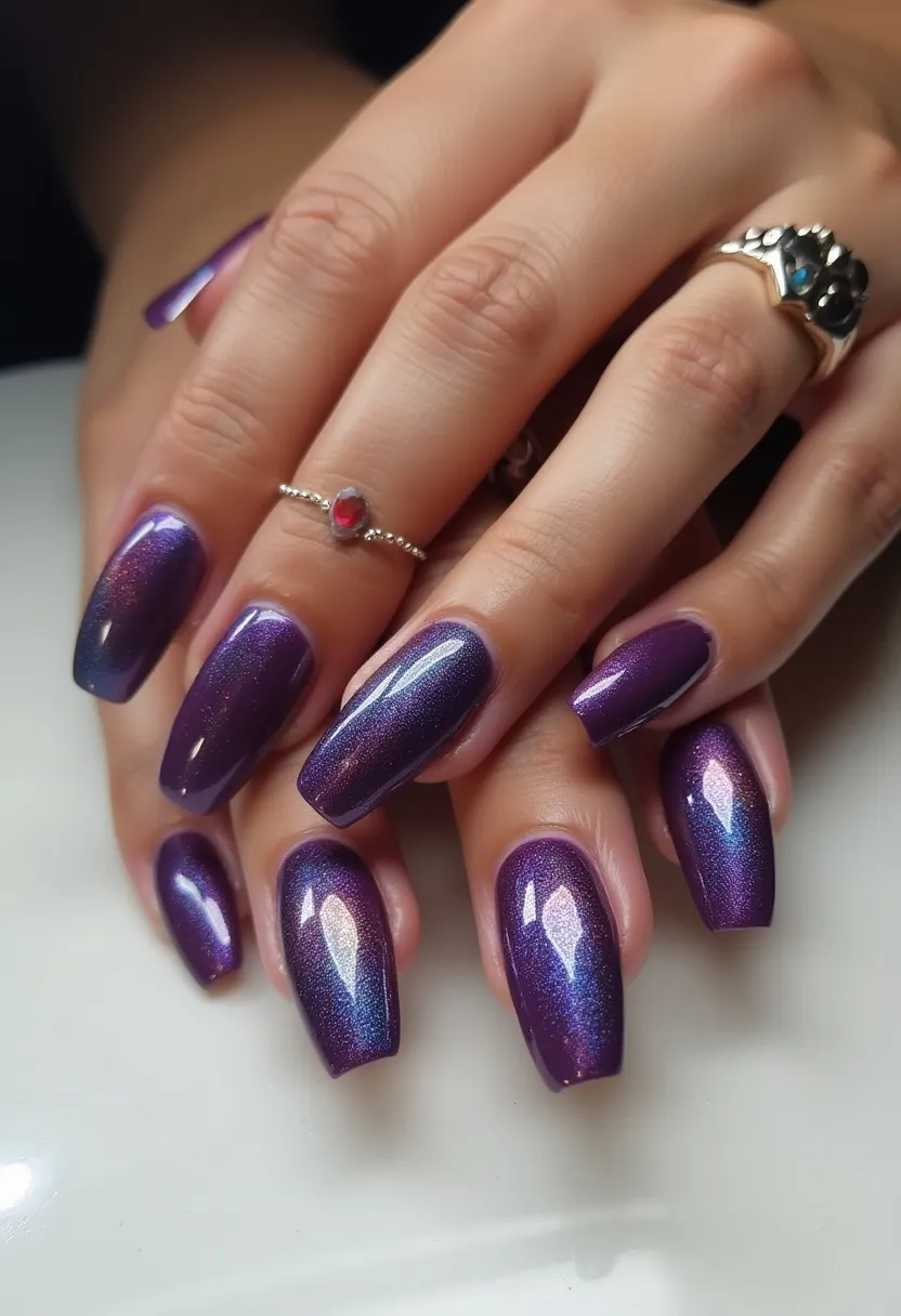 This nail design showcases a stunning iridescent purple color palette with hints of blue and pink hues that catch the light beautifully. The nails are long and shaped into a squared oval (squoval) form, giving a sleek and elegant appearance. The design appears to be a gel nail treatment, evident from the high-shine, glossy finish that is characteristic of this type of manicure. There are no additional intricate patterns or decorations on the nails, allowing the mesmerizing color shift to stand out. This luxurious and sophisticated nail design is perfect for a winter season, holiday celebration, or a special evening event.