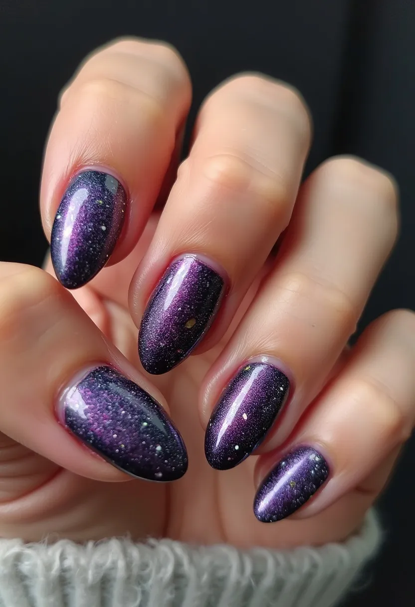 The nail design features a stunning galaxy-inspired aesthetic characterized by a rich color palette of dark purples and deep blues with shimmering flecks of white, gold, and silver that mimic stars and cosmic elements. The nails are shaped into a rounded almond form, offering a sleek and elegant look. This intricate design appears to be achieved through the use of gel polish, which provides a glossy, high-shine finish that enhances the depth of the galactic theme. The glitter and holographic accents add a touch of brilliance, making the nails appear as though they are part of a starry night sky. This design is particularly well-suited for the winter season or for special occasions such as New Year's Eve, adding a touch of cosmic glamour to any look.