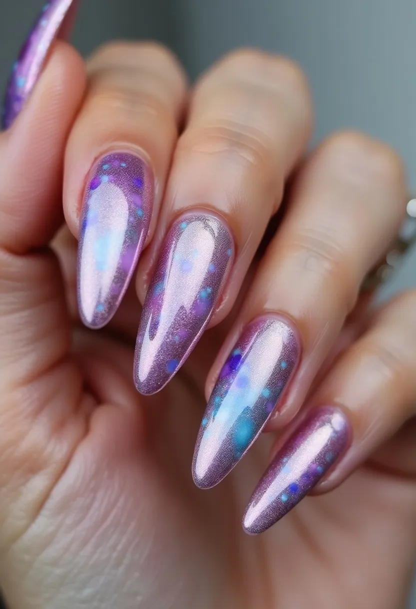 The nail design showcases a stunning color palette predominantly featuring a shimmery pink base with hues of blue and purple interspersed to create a magical, almost iridescent effect. The nails are almond-shaped and extended, providing a sophisticated and elegant look. This design includes intricate patterns of small, scattered dots in varying shades of blue and purple, giving the nails a celestial or galaxy-like appearance. The nails have a glossy finish, suggesting a gel treatment was used to achieve the high-shine and durable finish. This unique and vibrant design is suitable for special occasions and could complement festive or seasonal themes, particularly those celebrated during winter or parties with a futuristic theme.