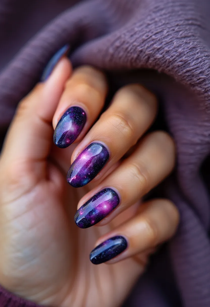 The nail design features a galaxy theme with a striking color palette that includes deep purples, vibrant pinks, and touches of blue, enhanced with white speckles to mimic stars. The nails are shaped in a rounded almond style, adding elegance to the overall look. The intricate patterns depict swirling nebulae and cosmic elements, creating a mesmerizing, otherworldly appearance. This design, potentially using gel polish for its glossy and durable finish, reflects an artistic and detailed approach to nail art. The cosmic theme is suitable for special occasions like themed parties or simply to make a bold fashion statement. The design’s unique details highlight the creativity and skill involved in achieving such an intricate look.