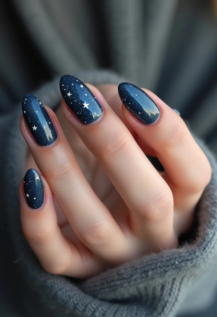 The nail design showcases an enchanting night sky theme. The nails are painted in a deep navy blue color with a subtle gradient effect transitioning to lighter shades, mimicking a starry night. The shape of the nails is almond, providing an elegant and sophisticated look. Tiny, intricate white star patterns are scattered across each nail, enhancing the nighttime aesthetic. The shimmer throughout the design suggests the use of a gel nail treatment to achieve a glossy and smooth finish. This design is perfect for winter or festive occasions, creating a magical and dreamy appearance.