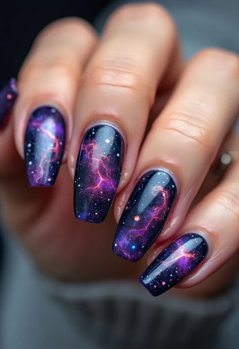 The nail design showcases an exquisite cosmic theme, featuring an oval nail shape. The nails are adorned with a color palette predominantly consisting of deep blues and purples, complemented by bright pinks and subtle white accents to emulate the appearance of a mesmerizing galaxy. The intricate patterns resemble distant nebulae and constellations, with small dots and streaks mimicking stars and cosmic energy. This design is likely achieved using gel polish, giving it a glossy and vibrant finish. The unique galactic details make this design ideal for special occasions or a standout look, resonating with a celestial and imaginative theme.