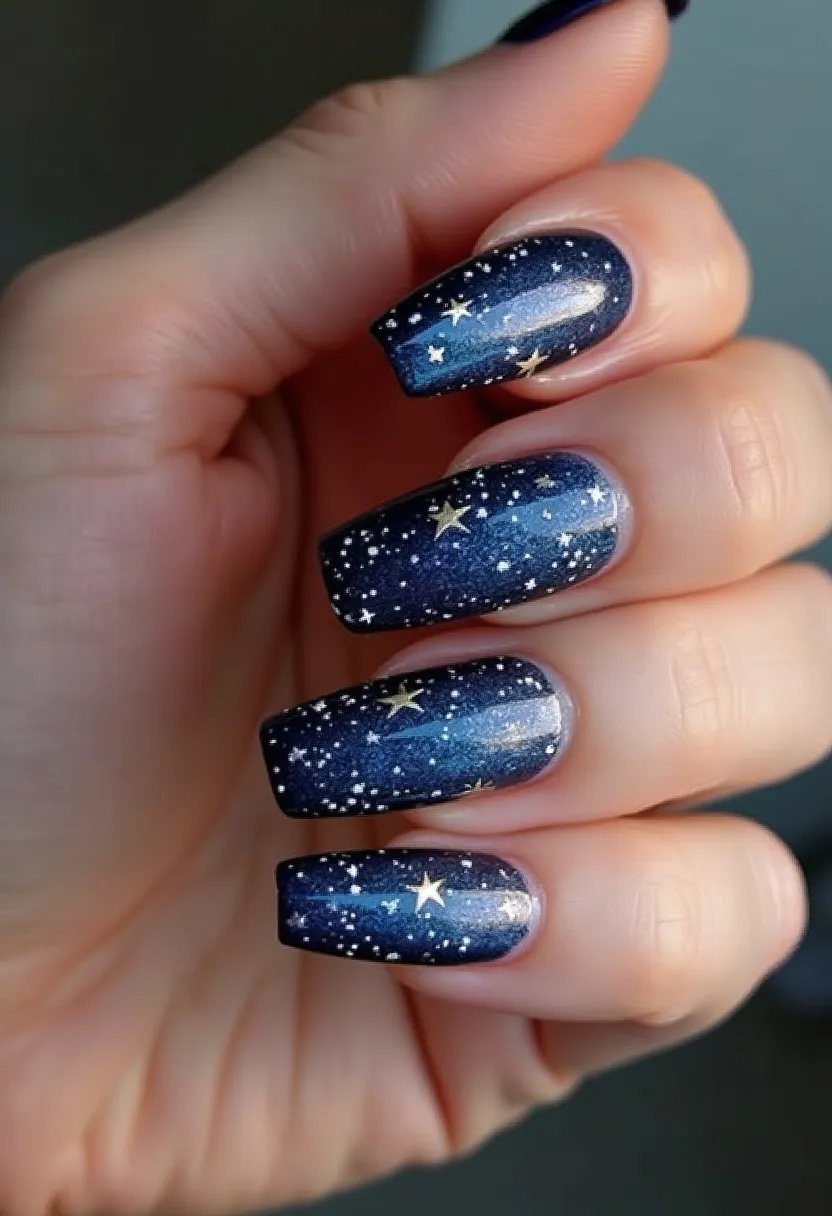 The nail design features a stunning night sky theme achieved with a dark blue to black gradient color palette. The nails are long and shaped in a square form. Over the dark base, intricate patterns of white dots representing stars are scattered across the nails, along with a few larger accent stars in gold. The glossy finish suggests a gel or shellac treatment, offering a smooth and polished appearance. This celestial design includes unique details that make it suitable for any season but especially fitting for festive or elegant occasions, possibly evening events or themed parties.