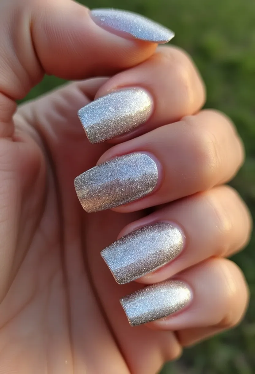 The nail design features a shimmering silver color palette, which is uniformly applied to the nails. The nails are shaped in a classic square form, giving them a clean and polished look. The finish appears smooth and glossy, indicative of a high-quality gel treatment that ensures a durable and long-lasting shine. There are no additional intricate patterns or decorations on the nails, maintaining a sleek and modern aesthetic. The metallic silver hue and the reflective quality of the nail design suggest it could be fitting for festive occasions or glamorous events, adding an elegant touch that stands out. The choice of silver and the refined finish make this design versatile for both everyday wear and special seasonal themes or celebrations.