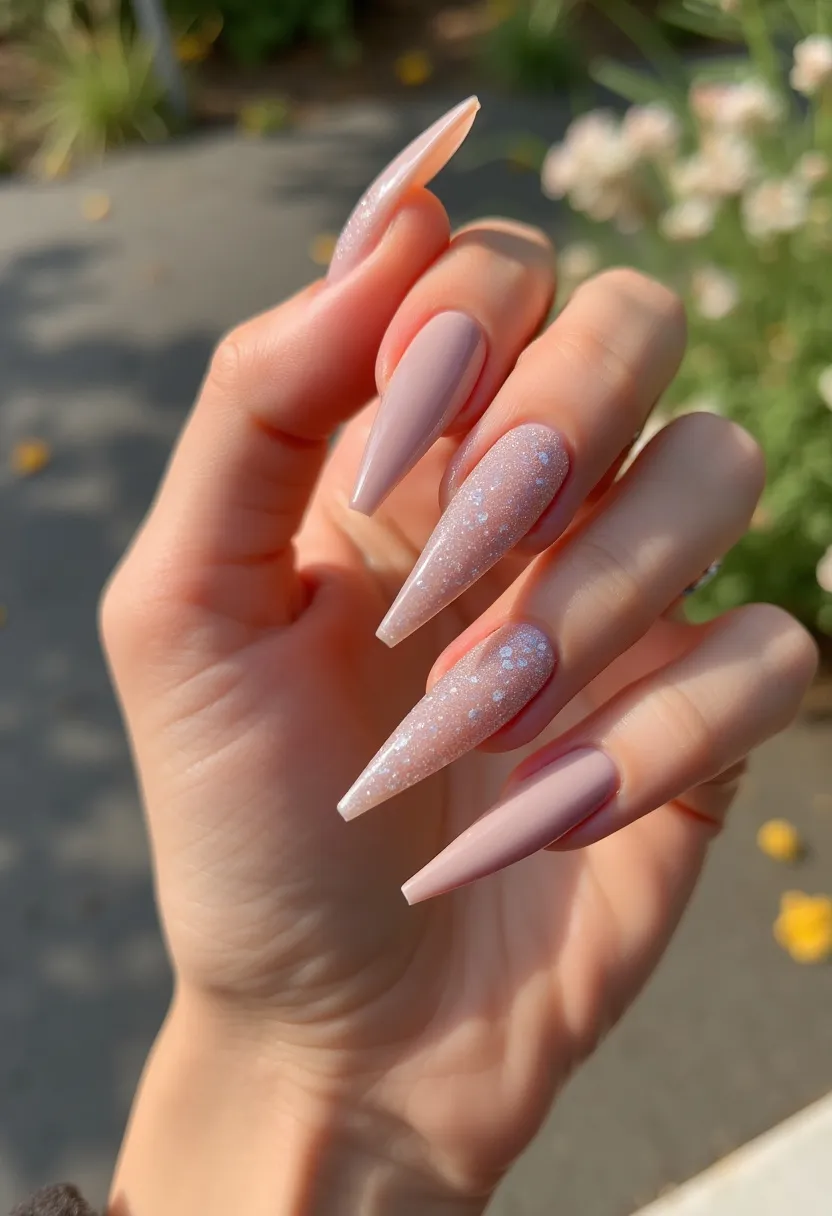 This nail design showcases a stiletto shape, featuring a classy yet subtle color palette dominated by soft, nude tones. The nails are adorned with a blend of plain matte finishes and a sparkling, glittery overlay on select nails, creating a sophisticated contrast. The glitter nails include delicate, silver glitter particles scattered across the surface, adding a hint of glamour and elegance. The design likely employs gel treatment, evidenced by the high-shine finish and the durable, smooth appearance. This versatile style is suitable for various occasions, including weddings or formal events, and complements seasonal themes of elegance and refinement.