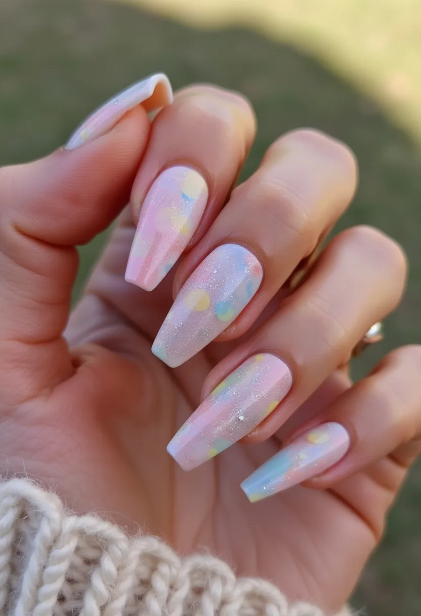 The nail design showcases a soft and pastel color palette, featuring hues of light pink, blue, yellow, and white, creating a dreamy and delicate appearance. The nails are shaped in a long, square form, adding a sense of elegance and elongation to the fingers. Intricate patterns include a combination of abstract swirls and dots, giving a playful yet sophisticated look that is accentuated by a shimmery, glittering finish. This design likely uses a gel or acrylic treatment, providing a glossy and durable finish suitable for long-lasting wear. The blend of soft pastels and glitter makes this design ideal for springtime or special occasions like Easter, highlighting a fresh and festive theme.