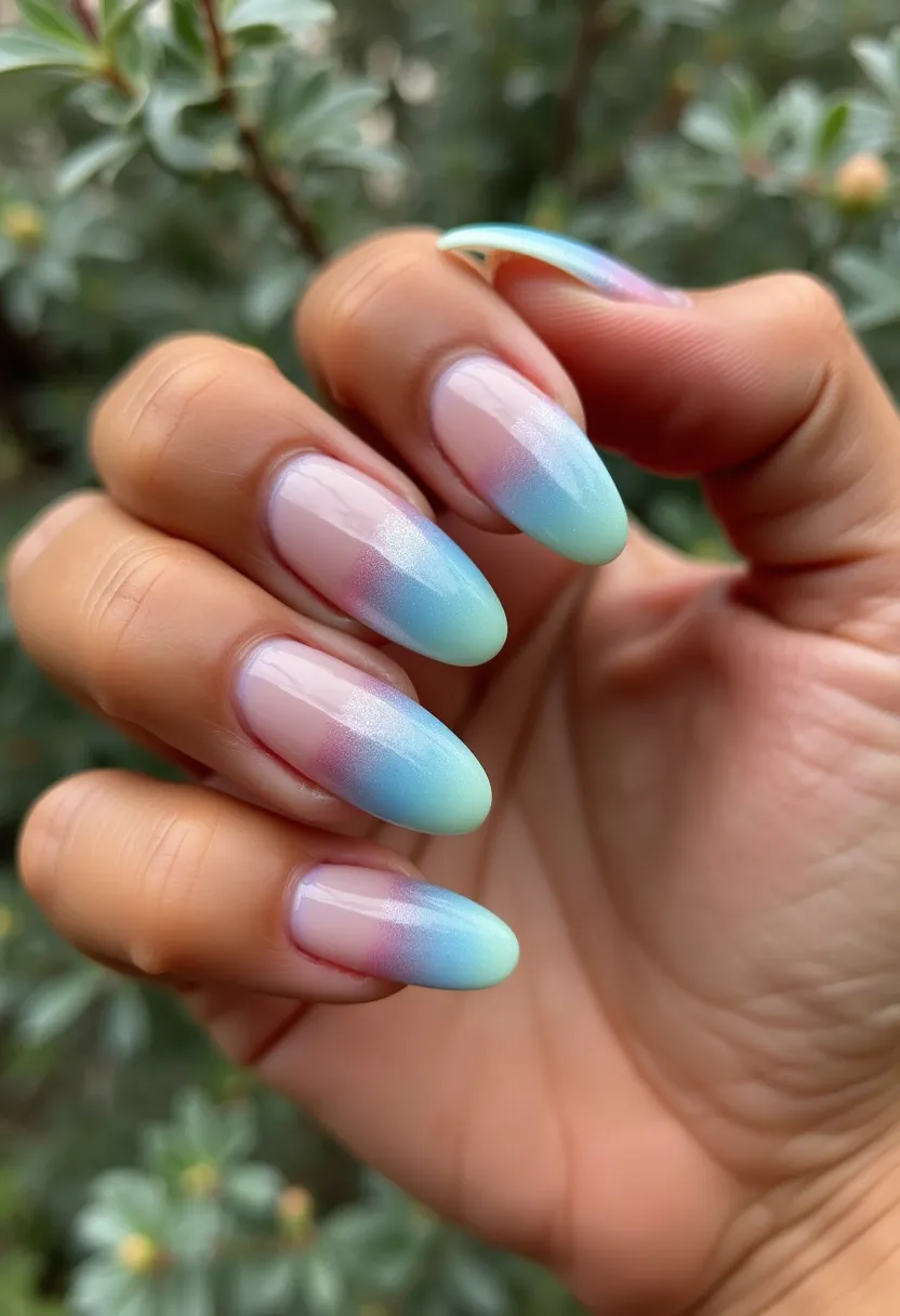 The nail design features a soft and elegant pastel ombre color palette, blending seamlessly from light pink at the base to a delicate gradient of lavender and light blue towards the tips. The nails are almond-shaped, providing a sleek and elongated appearance. The gradient effect is smooth and meticulously done, suggesting a professional gel manicure, as the finish is glossy and even, typical of gel treatments. The choice of colors and the gradient style evoke a serene and dreamy aesthetic, making this design suitable for spring or summer seasons, or special occasions such as weddings or outdoor events. The subtle sheen and translucency enhance the overall look, adding a touch of sophistication to this delicate nail art.