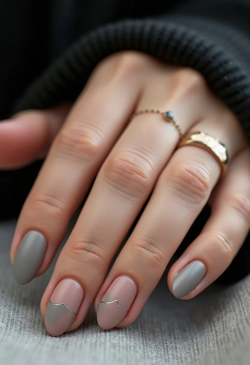 The nail design features an elegant and sophisticated color palette, blending soft gray and nude pink. The nails have a medium almond shape, offering a refined and elongated appearance. The design includes intricate patterns on the middle and ring fingers, showcasing a subtle wavy line separating the two colors, adding a modern and chic touch. The remaining nails are painted in a solid gray shade, maintaining a minimalist aesthetic. This design seems to be achieved using gel treatment, providing a smooth finish and long-lasting wear. The neutral tones and understated elegance make this nail design suitable for various occasions, from everyday wear to special events.