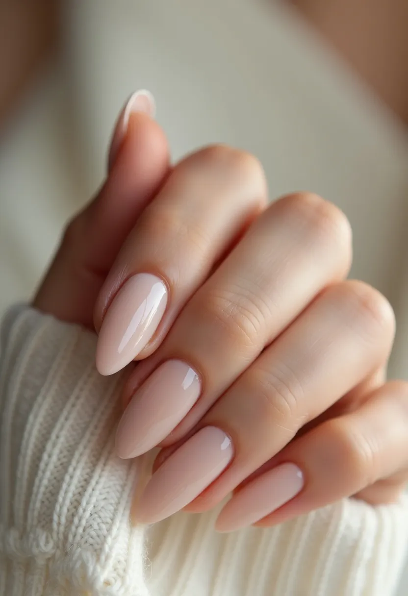 The nail design features a consistent almond shape for all the nails, offering an elegant and slightly elongated appearance. The color palette is composed of a nude, light pink shade, providing a timeless and sophisticated look suitable for various occasions. The nails exhibit a sleek, glossy finish, suggesting the use of a gel or shellac treatment, which provides both durability and a high-gloss shine. There are no intricate patterns or additional decorations, maintaining a simple yet refined style. This design can be seamlessly appropriate for everyday wear or special events, and its subtlety makes it versatile across different seasons.