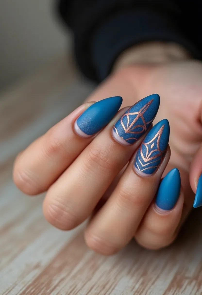 The nail design showcases a striking color palette dominated by a matte, deep blue hue. The nails are shaped into a long, almond form, providing an elegant and elongating effect on the fingers. The ring and middle finger nails feature an intricate geometric pattern in a complementary metallic gold, adding a subtle yet sophisticated contrast against the matte blue base. This design likely utilizes gel polish, given the smooth finish and the durability typically required for detailed patterns. The overall aesthetic of the nails suggests a modern and upscale vibe, suitable for special occasions or to complement a chic, everyday look. The understated yet intricate details make it versatile for various seasonal themes, particularly fitting for autumn or winter with its rich, bold colors.