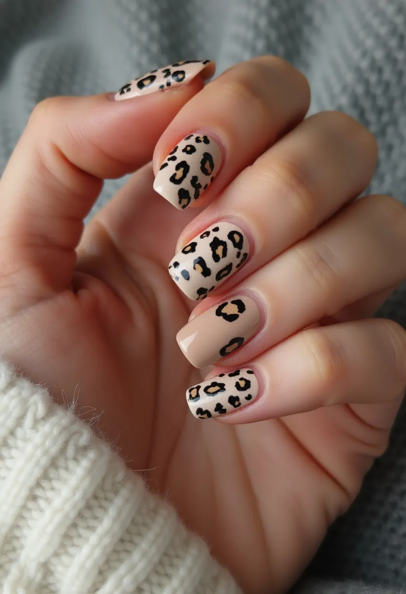 This nail design features a beige color as the base with intricate leopard print patterns. The nails are shaped in a medium-length square style, which complements the bold design. The leopard spots are detailed in black with brown accents, creating a striking contrast against the beige background. The type of nail treatment appears to be gel polish, given the smooth and glossy finish. This design does not seem to adhere to a specific seasonal theme but can be considered trendy and fashionable for various occasions. The animal print adds a sense of wild sophistication, making this an eye-catching and stylish choice.