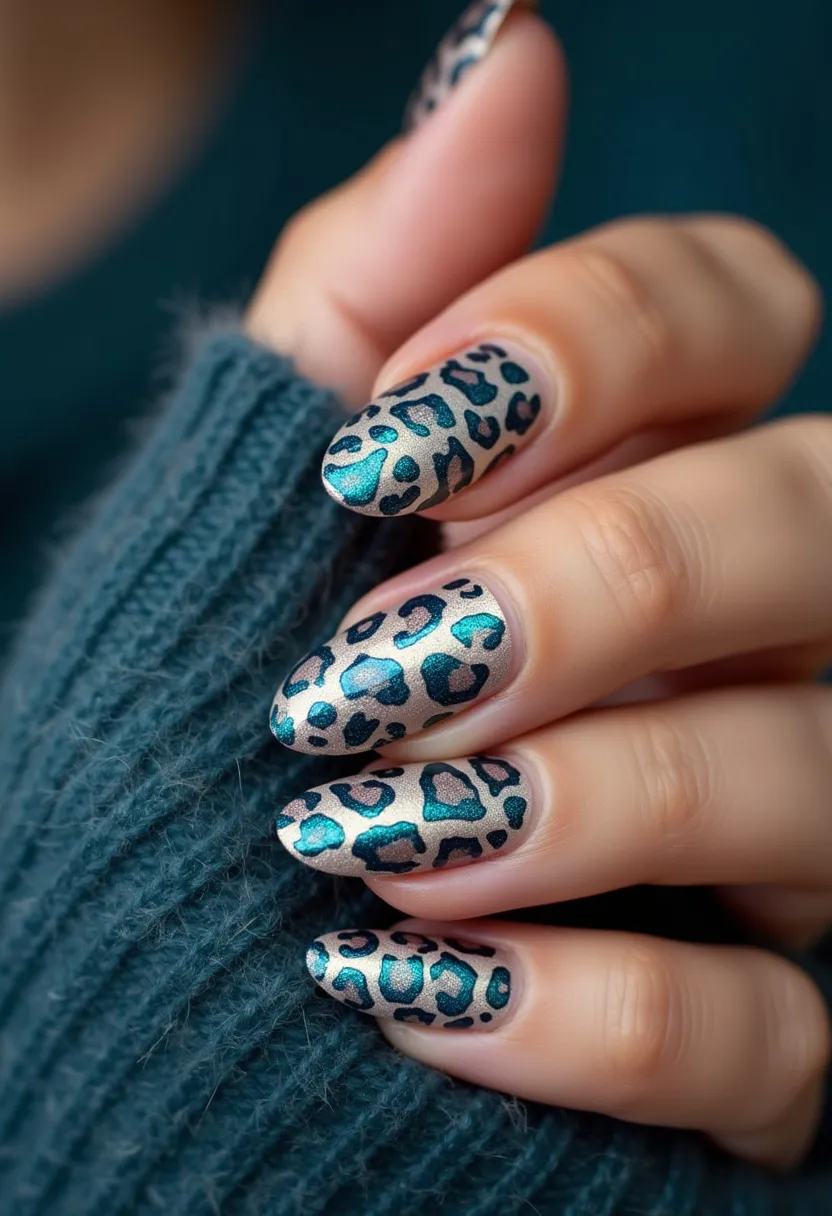 The nail design features a striking leopard print pattern with a metallic color palette that includes teal and black outlined spots on a shimmery gold background. The nails are shaped in a long, almond style, showcasing the intricate detailing of the design. The polish used appears to be a gel treatment, giving the nails a glossy and durable finish that highlights the metallic hues. This design seems to be suitable for a bold fashion statement and could be ideal for cooler seasons like fall and winter due to its rich color scheme and luxurious feel. The overall look is both sophisticated and edgy, perfect for someone looking to add a touch of wild elegance to their style.