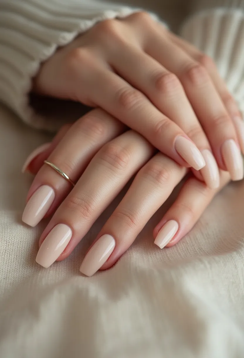 The nail design features a soft nude color palette, lending a clean and sophisticated look. The nails are shaped in a classic square form, and their moderate length adds to the elegant appearance. There are no intricate patterns or embellishments, suggesting a minimalist aesthetic. The nail treatment appears to be either gel or acrylic, given the high-shine finish and the uniformity of each nail. This simple yet chic design is versatile and suitable for any season or occasion, ranging from everyday wear to more formal events.