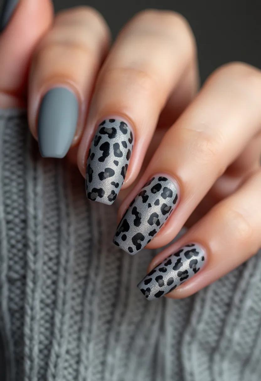 The nail design features a sophisticated color palette dominated by shades of gray and black. The nails are medium-length and have a squared shape. The design incorporates a mix of artistry with some nails painted in solid matte gray, and others adorned with a chic leopard print pattern. The leopard spots are black on a shimmering metallic gray background. The intricate pattern adds a stylish and trendy flair to the overall look. The nail treatment appears to be achieved using gel polish, giving a sleek and glossy finish which makes the design perfect for a fashionable, everyday winter look or even for special occasions like a night out.