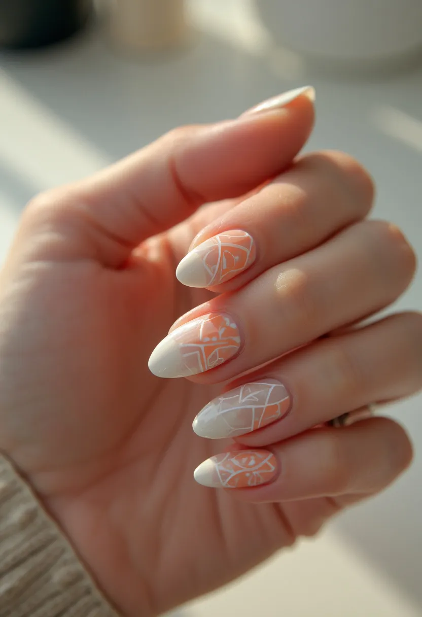 The nail design features a delicate and intricate blend of pastel hues, utilizing a gradient palette of warm orange and soft cream shades. The nails are almond-shaped, contributing to an elegant and elongated appearance. Each nail showcases an elaborate geometric pattern in white, creating a modern and artistic visual effect. The treatment appears to be gel-based, providing a smooth and glossy finish that enhances the vibrancy of the colors and the precision of the designs. This sophisticated nail design could be ideal for a summer-themed look, reflecting bright and sunny aesthetics, perfect for special occasions or everyday wear with a touch of artistry.