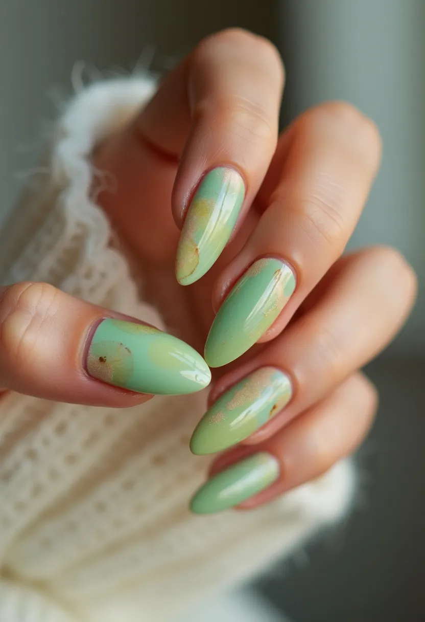 The nail design features a fresh mint green color palette, which provides a soft and serene look to the nails. The nails are almond-shaped, giving them an elegant and elongating appearance. Accentuating the mint green base are delicate gold and subtle pink marbling effects, creating a refined and artistic design reminiscent of watercolor paintings. The high-shine finish suggests a possible gel treatment, known for its glossy look and durability. The overall design has a light and airy feel, making it suitable for spring or summer seasons, evoking the freshness and new beginnings associated with these times of the year.