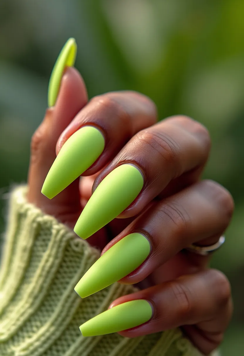 The nail design features a vibrant, neon green color palette that gives a bold and energetic look. The nails are sculpted in a long, tapered coffin shape, which accentuates the length and elegance of the fingers. This design appears to have a matte finish, suggesting a possible use of gel polish to achieve the smooth, velvety texture. There are no intricate patterns or additional decorations, making the striking color the focal point of the design. The bright neon shade, along with the matte finish, lends itself well to summer or spring-themed occasions, adding a refreshing and trendy touch.