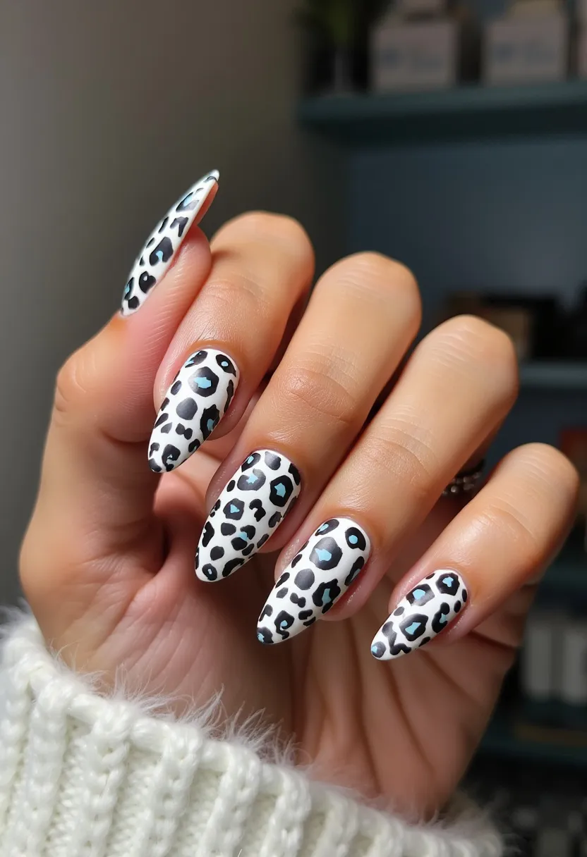 The nail design features a bold leopard print pattern, leveraging a monochrome color palette with a white base and black spots, accented with light blue highlights. This intricate pattern adorns almond-shaped nails, which have a modern, sleek look. It appears to be a gel or acrylic treatment, given the smooth and glossy finish typical of these types. The wild and adventurous design suggests a playful, fashion-forward style suitable for casual and semi-formal occasions, possibly evoking a sense of chic sophistication. The leopard print can be associated with a trendy, timeless look that stands out throughout various seasons.