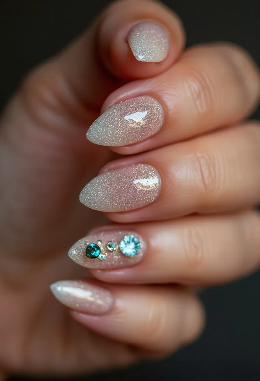 The nail design features elegant almond-shaped nails with a delicate shimmering champagne color palette, creating a sophisticated look. There are intricate decorations on one nail including small, shiny gemstones in various sizes and hues, incorporating vibrant blue and clear crystals. The use of gel nail treatment adds a glossy, durable finish that enhances the overall sparkle and shine. The design exudes a festive and celebratory vibe, making it ideal for special occasions or seasonal events like weddings or holiday parties. The combination of subtle glitter with bold rhinestone accents strikes a perfect balance between understated elegance and eye-catching glamour.