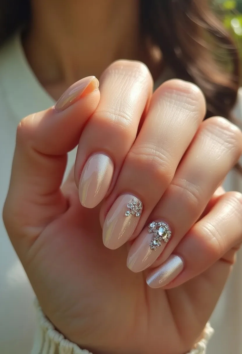 The nail design features a soft, pastel color palette dominated by a pearly, iridescent nude shade. The nails are shaped in a short, oval form, offering a classy and elegant look. The ring and middle finger nails are adorned with intricate crystal embellishments, giving them a standout, glamorous appeal. The rhinestones are arranged in a clustered floral pattern, adding an element of sparkle and sophistication. This design appears to utilize gel nail treatment, ensuring a glossy finish and durable wear. The overall effect is delicate and stylish, suitable for special occasions such as weddings or formal events, evoking a sense of refined elegance.