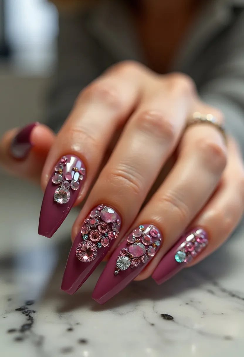 The nail design showcases a rich, dark mauve color palette that exudes elegance and sophistication. The nails are long and shaped into a modern coffin style, providing an ideal canvas for the intricate decorations. Each nail features an array of sparkling gemstones in various sizes and hues, predominantly pink, lavender, and iridescent clear, creating a luxe and glamorous look that resembles a cluster of jewels. The glossy finish suggests a gel or acrylic treatment, ensuring durability and a high shine. This design is perfect for special occasions such as weddings or formal events and carries a festive, celebratory theme. The intricate gem placements add a touch of opulence, making the nails stand out as a statement accessory.