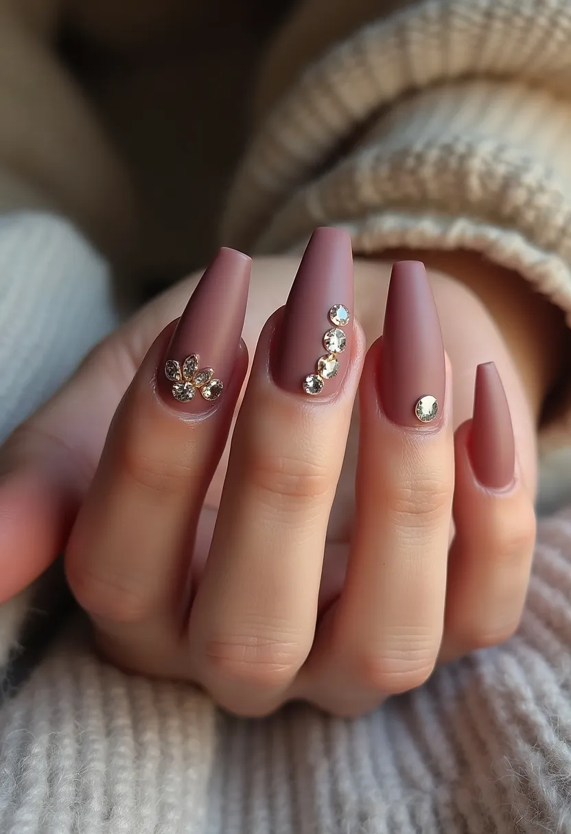 The nail design features a sophisticated color palette dominated by a matte, dusty rose shade. The nails are shaped in a long, tapered coffin style, emphasizing a chic and elegant appearance. Intricate decoration with rhinestones enhances the design, particularly noticeable on the ring and middle fingers. The ring finger showcases a floral rhinestone arrangement, while the middle finger is adorned with a vertical line of rhinestones. The index finger has a single rhinestone, adding a touch of sparkle without overwhelming the overall look. This elaborate design is indicative of an elaborate acrylic or gel treatment, possibly suited for festive or formal occasions. The combination of matte nails and glittering rhinestones creates a striking contrast, perfect for a special event or celebration in cooler seasons.