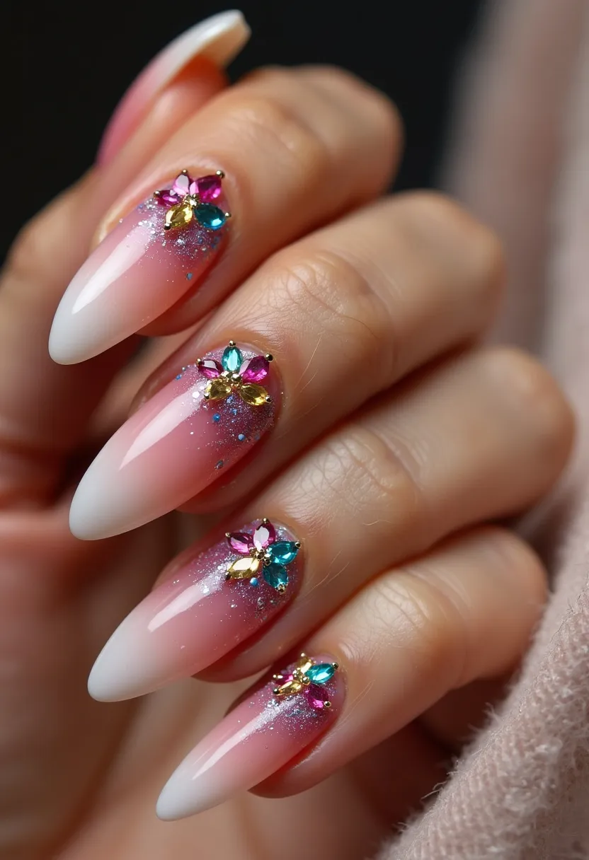 The nail design features almond-shaped nails with a gradient color palette transitioning from a natural pink base to a soft white tip, suggesting an ombre style. The nails are accentuated with intricate floral patterns made of colorful rhinestones in shades of pink, blue, and yellow, each surrounded by small silver studs. A subtle layer of glitter is applied over the entire nail, enhancing the design with a sparkling effect. The type of treatment appears to be gel, providing a smooth and glossy finish. This design could be suitable for special occasions, such as weddings or festive events, due to its elegant and detailed embellishments.