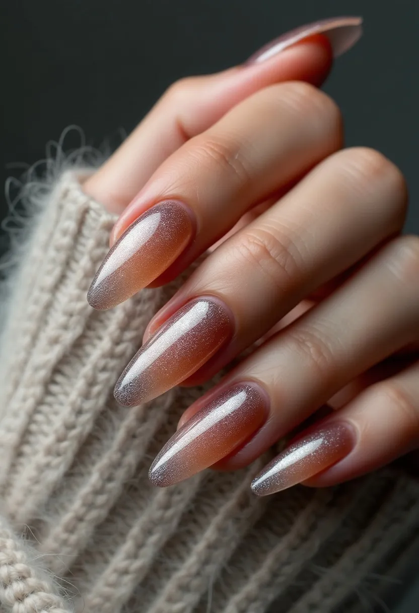 The nail design features a sophisticated color palette that transitions from a deep, warm amber at the base to a shimmering, metallic silver at the tips, creating a beautiful ombre effect. The nails are long and almond-shaped, enhancing the elegance of the design. The surface of each nail has a glossy finish, likely indicating the use of gel polish to achieve the smooth, glass-like appearance. Subtle glitter elements are incorporated throughout, adding a touch of sparkle that catches the light. The gradient effect along with the shimmering accents makes this design ideal for winter or festive occasions, adding a classic yet contemporary touch to any outfit. The intricacy of the gradient technique and the flawless finish suggest a professional application, ensuring a luxurious and polished look.