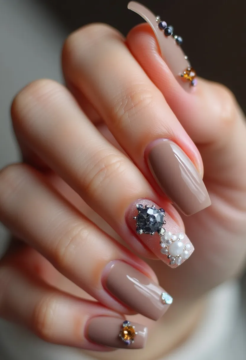 The nail design features a sophisticated color palette of muted taupe across all nails, creating a chic and neutral base. The nails are medium length, with a square shape that adds a modern edge. Intricate patterns and decorations abound, with one nail adorned with elaborate 3D embellishments including a large dark gemstone, surrounded by smaller pearls and crystals, creating a striking focal point. Additional nails incorporate understated gemstone accents, one with a sparkling amber-colored stone and another with a delicate, light blue gem. The nails showcase a glossy finish, indicating a gel treatment that enhances the luxurious aesthetic, making the design suitable for special occasions or seasonal celebrations. The overall look is elegant and meticulously detailed, balancing simplicity with extravagant adornment.