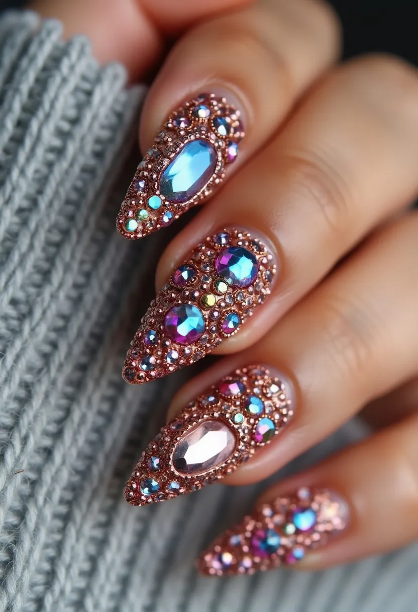 The nail design showcases a stunning and elaborate style with almond-shaped nails adorned with intricate decorations. The base color appears to be a shimmering rose gold, providing a luxurious and elegant backdrop. The nails are heavily embellished with an array of multi-size, iridescent gemstones in vibrant hues of blue, purple, and gold, creating a dazzling and intricate 3D effect. The use of large, central gems on each nail adds a focal point, enhancing the overall opulent aesthetic. This design likely involves gel or acrylic treatment to ensure the durability and secure attachment of the gemstones. Given the intricate details and bold use of color, this design is perfect for special occasions, possibly evening events or festive celebrations where a glamorous look is desired.