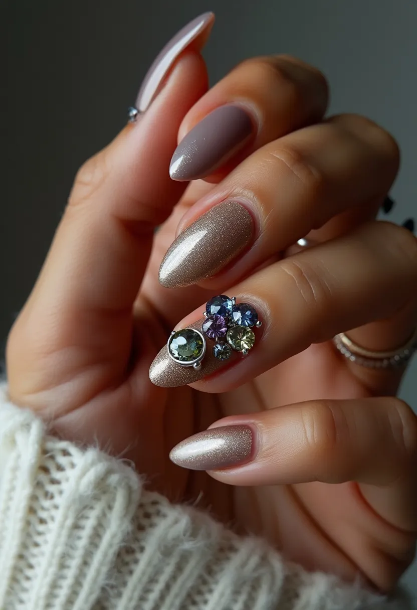 The nails are shaped in a chic almond form, showcasing a sophisticated palette of muted metallic taupe and a touch of shimmering silver. The treatment appears to be gel, providing a smooth and glossy finish to the nails. One standout feature is the intricate embellishment on the ring finger, which is adorned with variously sized and colored gemstone-like decorations, enhancing the overall elegant and luxurious feel of the design. The gem accents include hues of blue, purple, green, and clear, creating a multi-dimensional effect. This nail design, with its elegant sparkle and detailed accents, is well-suited for special occasions or seasonal celebrations, making it both eye-catching and sophisticated.