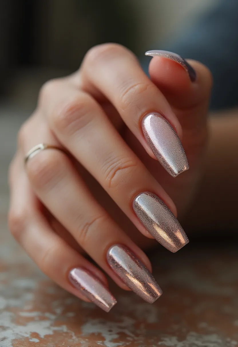 The nail design features an elegant metallic rose gold color palette, giving the nails a sophisticated and luxurious appearance. The nails are shaped in a classic coffin style, characterized by their tapered sides and squared-off tips. The metallic sheen of the polish indicates a high-gloss finish, commonly achieved with gel or shellac treatment, ensuring durability and a smooth texture. The design is simple yet striking, with no additional intricate patterns or decorations, making it suitable for both daily wear and special occasions. The luminous and reflective quality of the polish can be reminiscent of festive or celebratory events, providing a chic and modern aesthetic.