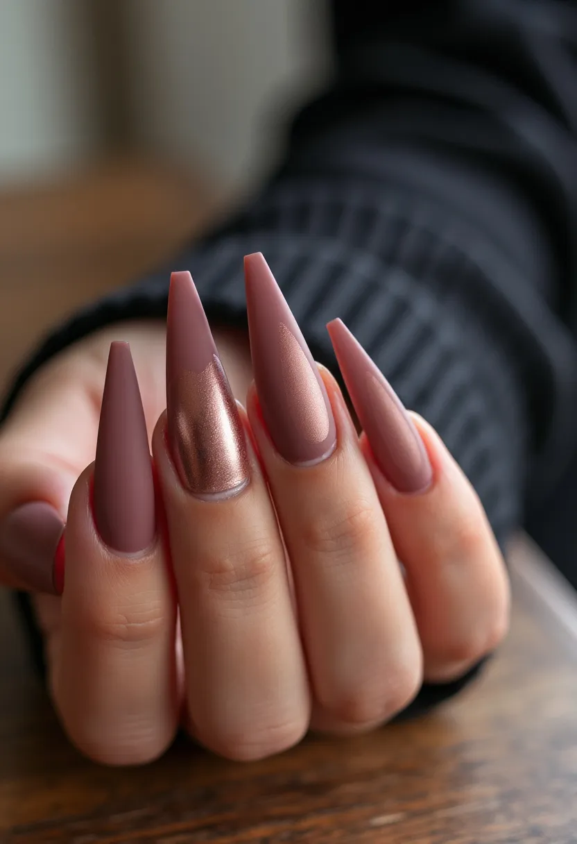 This nail design features a sophisticated almond shape with a sharp, tapered tip that enhances an elegant look. The color palette consists of earthy, matte mauve tones complemented by a single, accent nail on each hand painted in a metallic rose gold. This accent nail also features a subtle, freehand wave pattern that adds an element of intrigue without overpowering the design. The use of matte finishes alongside metallic also suggests a gel treatment for a long-lasting effect. This design, with its muted yet luxurious colors, might be suited for the autumn season or special occasions such as weddings or formal events, offering a blend of understated elegance and contemporary style.