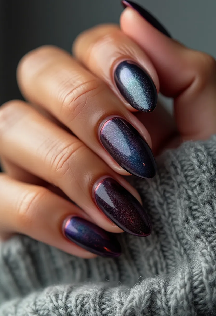 The nail design features a dark, iridescent color palette with shades of deep burgundy, purple, and hints of metallic green and blue, creating a multi-dimensional effect that shifts with light. The nails are shaped in an almond style, emphasizing a sophisticated and elegant appearance. The design is likely done using gel treatment, given the glossy and smooth finish that gel polishes typically provide. This design doesn't incorporate additional patterns or decorations, relying instead on the rich, shifting colors for visual interest. The color palette and overall look might be suitable for a winter or festive season, making it a stylish choice for special occasions during cooler months.