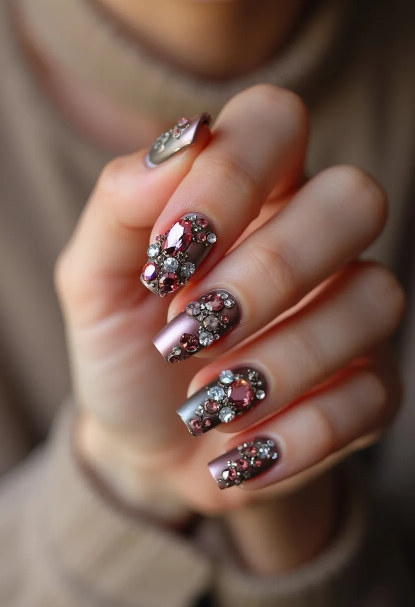 The nail design features a sophisticated color palette dominated by shades of metallic mauve and pewter. The nails' shape is long and square, providing a broad canvas for intricate artistry. They are adorned with an elaborate arrangement of rhinestones and gemstones in hues of ruby red, crystal clear, and deep pink, creating a three-dimensional, jeweled effect. This elaborate design is likely achieved using a gel or acrylic treatment to secure the ornate embellishments firmly. The luxurious and festive appearance of the nails suggests suitability for special occasions or holiday parties, adding a touch of glamour and elegance to any outfit.