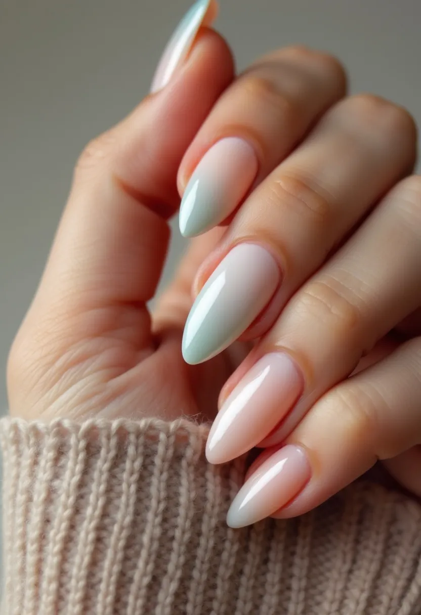 The nail design showcases an elegant and modern look with an almond-shaped structure. The color palette features a gradient blend of soft pastels, with a transition from light pink to mint green, creating a delicate ombre effect. The nails appear to have a glossy finish, indicative of a gel or shellac treatment. The overall design is simple yet sophisticated, making it suitable for any season or special occasion, with a particular emphasis on springtime aesthetics due to the pastel hues. The blend of colors on each nail adds a touch of uniqueness and charm to the overall design.