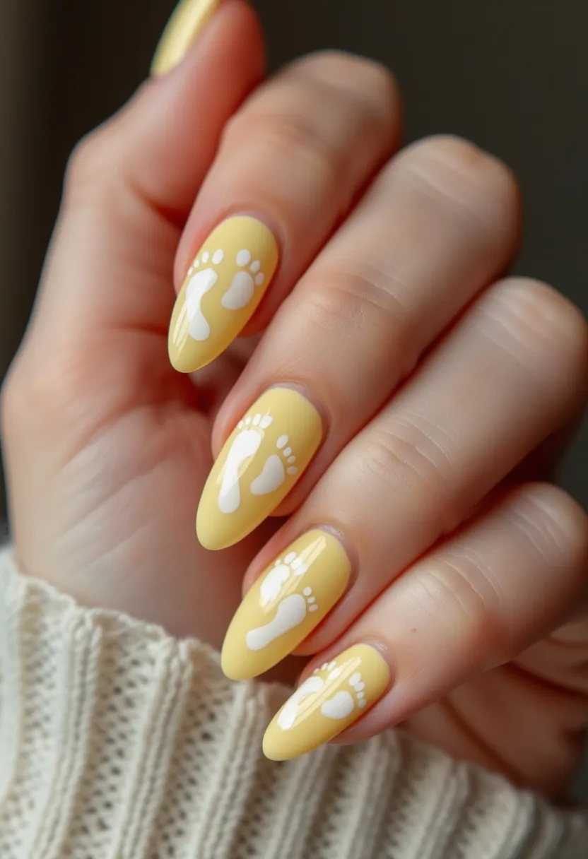 The nail design features a vibrant yellow color palette, creating a cheerful and lively appearance. The nails are shaped in a stiletto form, characterized by their long, pointed tips. Intricate white footprints are delicately painted across each nail, adding a whimsical touch. The glossy finish suggests they may have undergone a gel treatment, providing a polished and durable look. This playful nail art could be appropriate for baby showers or spring festivities, resonating with themes of new beginnings and celebration. The combination of bright yellow and clean white enhances the overall fresh and joyous feel of the design.