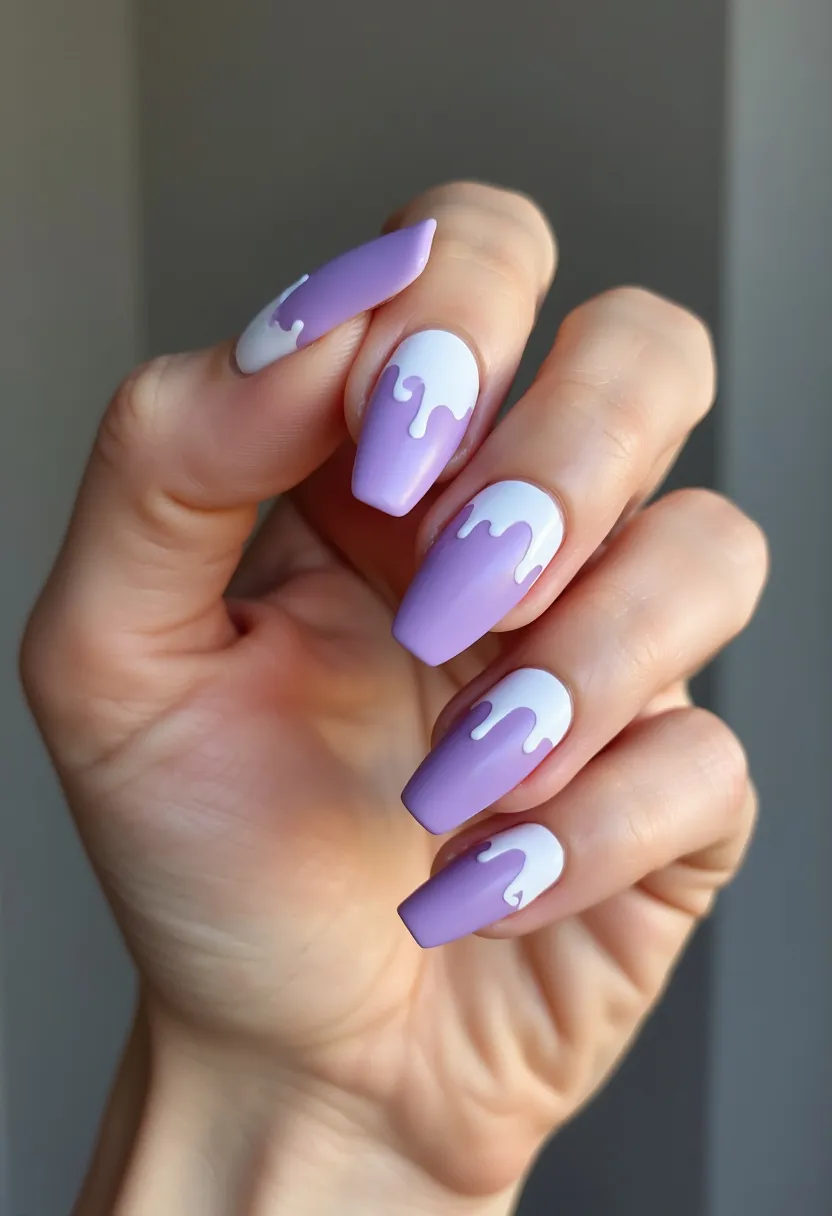 This nail design showcases a stunning use of color and intricate pattern work. The nails are medium length and shaped in a coffin or ballerina style, providing a sophisticated canvas for the design. The color palette features a pastel lavender base with white accents, creating a soft and eye-catching contrast. The design incorporates a dripping paint pattern, where the lavender color appears to drip down over the white, adding an artistic and playful touch. This design could possibly involve gel or acrylic nail treatment, given the smooth and glossy finish. The pastel colors and clean design make it suitable for spring or summer seasons, or even special occasions like a casual party or a creative art-themed event.