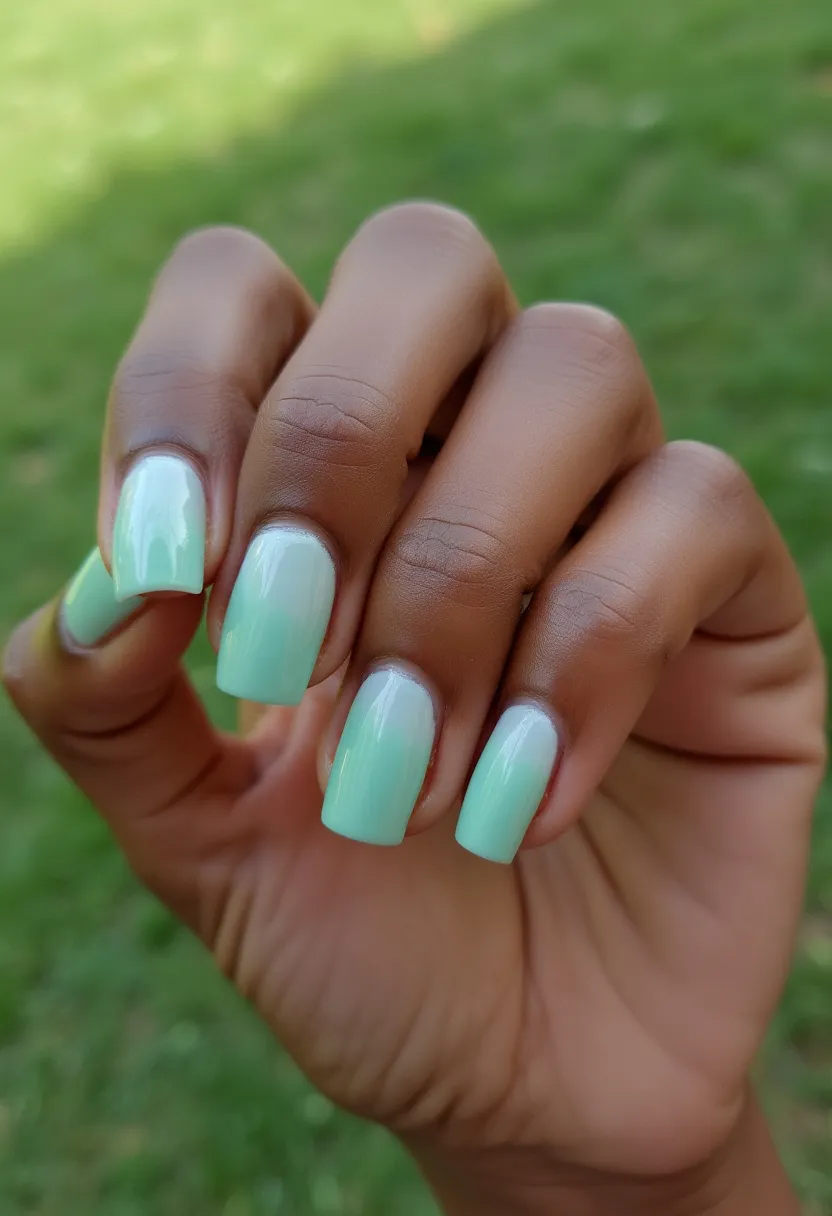 This nail design features a gradient color palette transitioning from white at the base to a light mint green towards the tips, creating a soft and elegant ombré effect. These nails are medium-length with a square shape and a glossy finish, indicating a gel treatment. The design exudes a refreshing and clean aesthetic, suitable for spring or summer seasons due to its light, airy colors. There are no additional decorations or intricate patterns, keeping the design simple and chic. The overall appearance is both modern and sophisticated, making it versatile for various occasions.