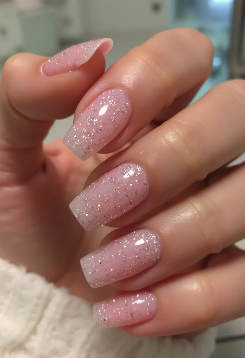 The nail design features a delicate pastel pink color palette with a subtle, glittery overlay that adds a touch of sparkle to the overall aesthetic. The nails are shaped in a medium-length, square-tipped style, which provides a refined and elegant look. This design is achieved using gel treatment, as indicated by the glossy, smooth finish and the precise, even application of color and glitter. The glitter is evenly dispersed across all the nails, contributing to a cohesive and sophisticated appearance. The soft pink shade combined with the added shimmer makes this design particularly suitable for special occasions or a festive, celebratory theme, adding a hint of glamour to the wearer’s overall look.