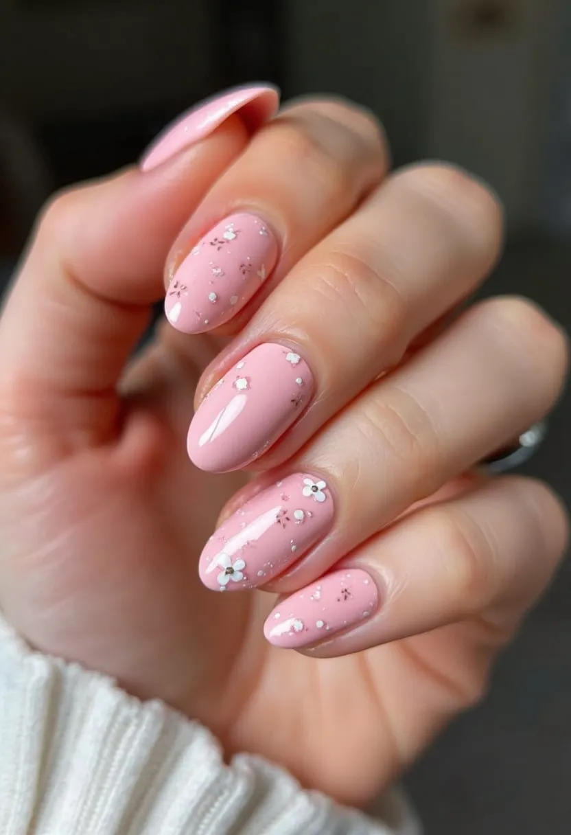 This nail design showcases a delicate and feminine aesthetic perfect for spring or special occasions. The nails are shaped into a classic almond form, providing an elegant silhouette. The primary color palette is a soft, pastel pink, which serves as a gentle backdrop for intricate decorations. Small, white floral patterns with subtle glitter accents adorn each nail, adding a touch of whimsy and sparkle to the design. The decoration appears to be evenly distributed, ensuring a cohesive look across all fingers. The high-gloss finish suggests a gel treatment, providing both a shiny appearance and durable wear. This charming design is perfect for celebrating occasions such as weddings or simply to add a touch of fresh, spring-inspired elegance to everyday style.