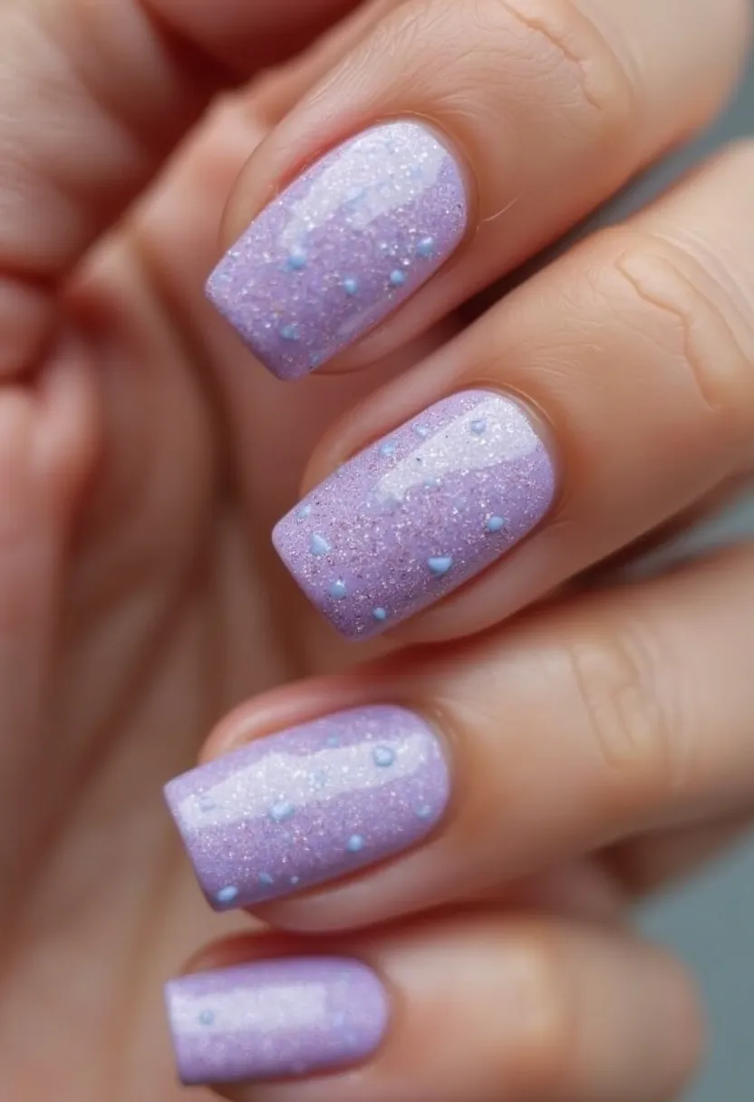 The nail design features a charming combination of pastel purples with an iridescent shimmer, showcasing a delicate, feminine allure. The nails are shaped in a medium length and subtly squared-off, providing a balanced canvas for the intricate design. A soft gradient effect in the purple hue is accentuated with a generous application of fine glitter, enhancing the overall sparkle. Tiny blue dot accents are intricately placed, adding a whimsical, decorative element to the design. The treatment appears to be a gel application, ensuring a glossy finish and long-lasting durability. This design is versatile but could be particularly suitable for spring or festive occasions, thanks to its playful and elegant aesthetic.